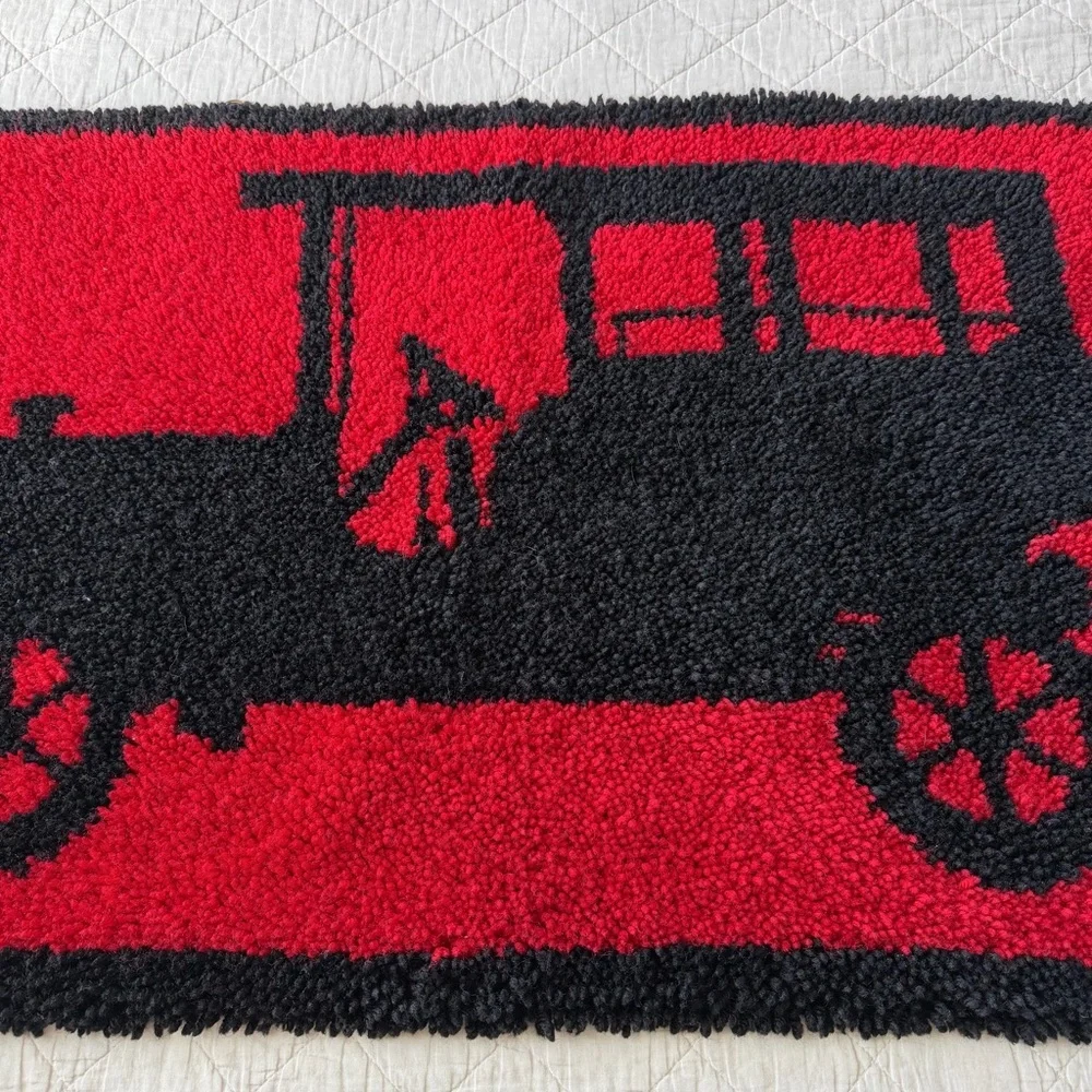 Vintage Latch Hook Rug Wall Hanging 36x24 Antique Car Red Black Textile Art